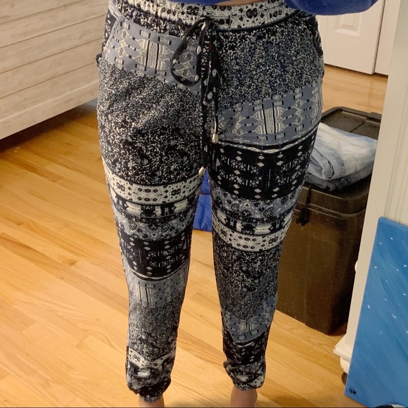 Blue and White Patterned Jogger Pants - Picture 1 of 5